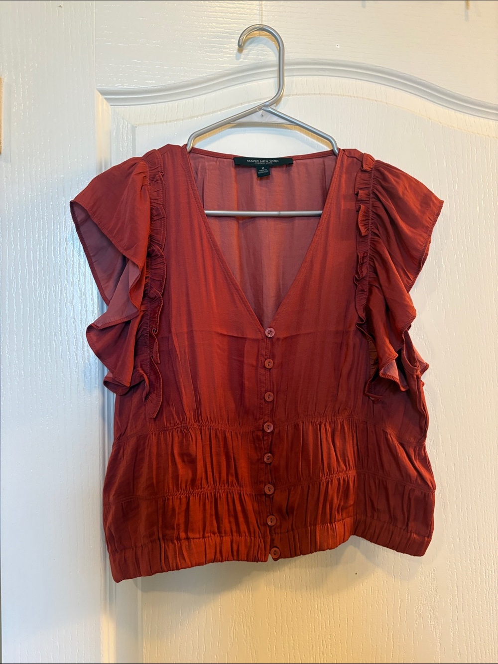Andrew Marc Rust Ruffle-Sleeve Button Front Blouse - Picture 2 of 8